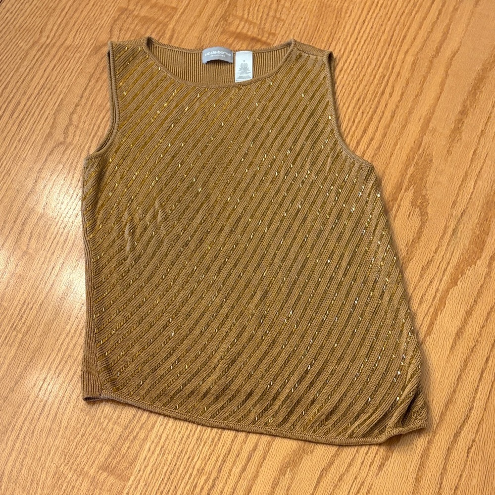 Liz Claiborne Dark Tan/Gold Metallic Thread Sleeveless Asymmetrical Ribbed Tank